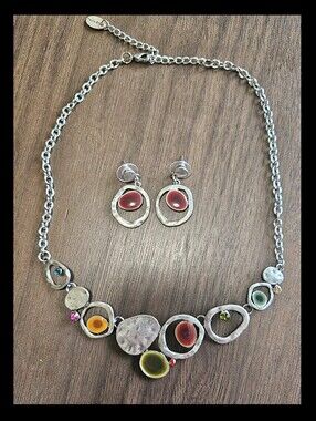 Vintage Tropic Art Modernist Pebble Necklace And Earring Set Y2K Boho
